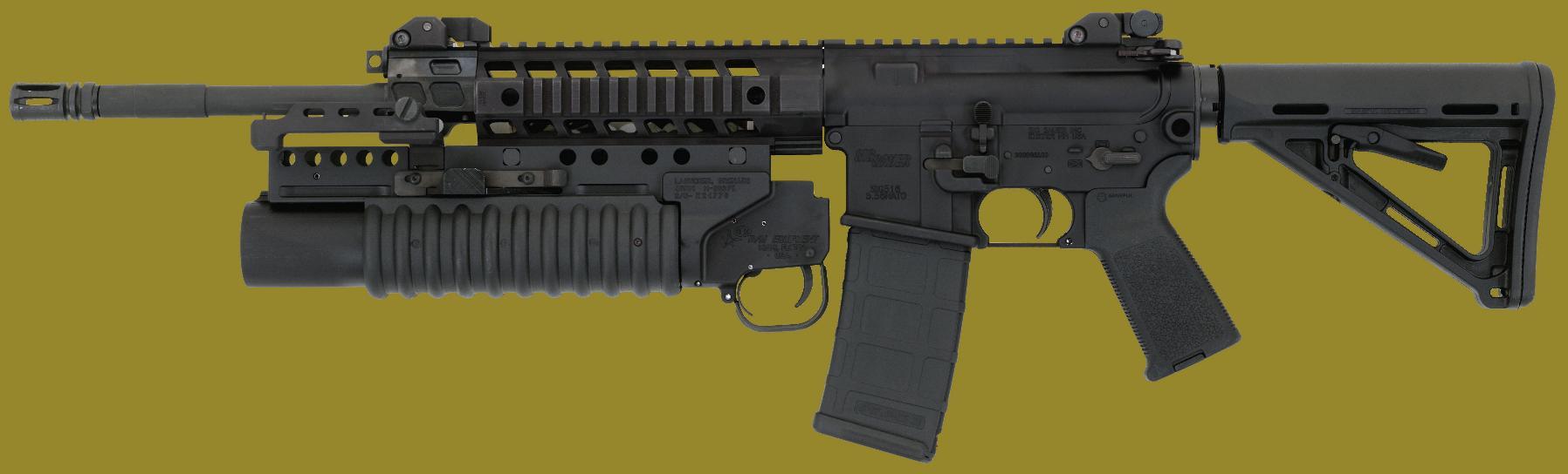 M203PI 40mm Grenade Launcher EGLM mounted on a rifle with rails certified by the manufacturer for use with a 40mm grenade launcher.